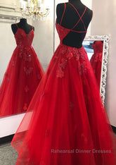 A-line V Neck Spaghetti Straps Long/Floor-Length Tulle Semi Formal Prom Dresses With Appliqued Beading